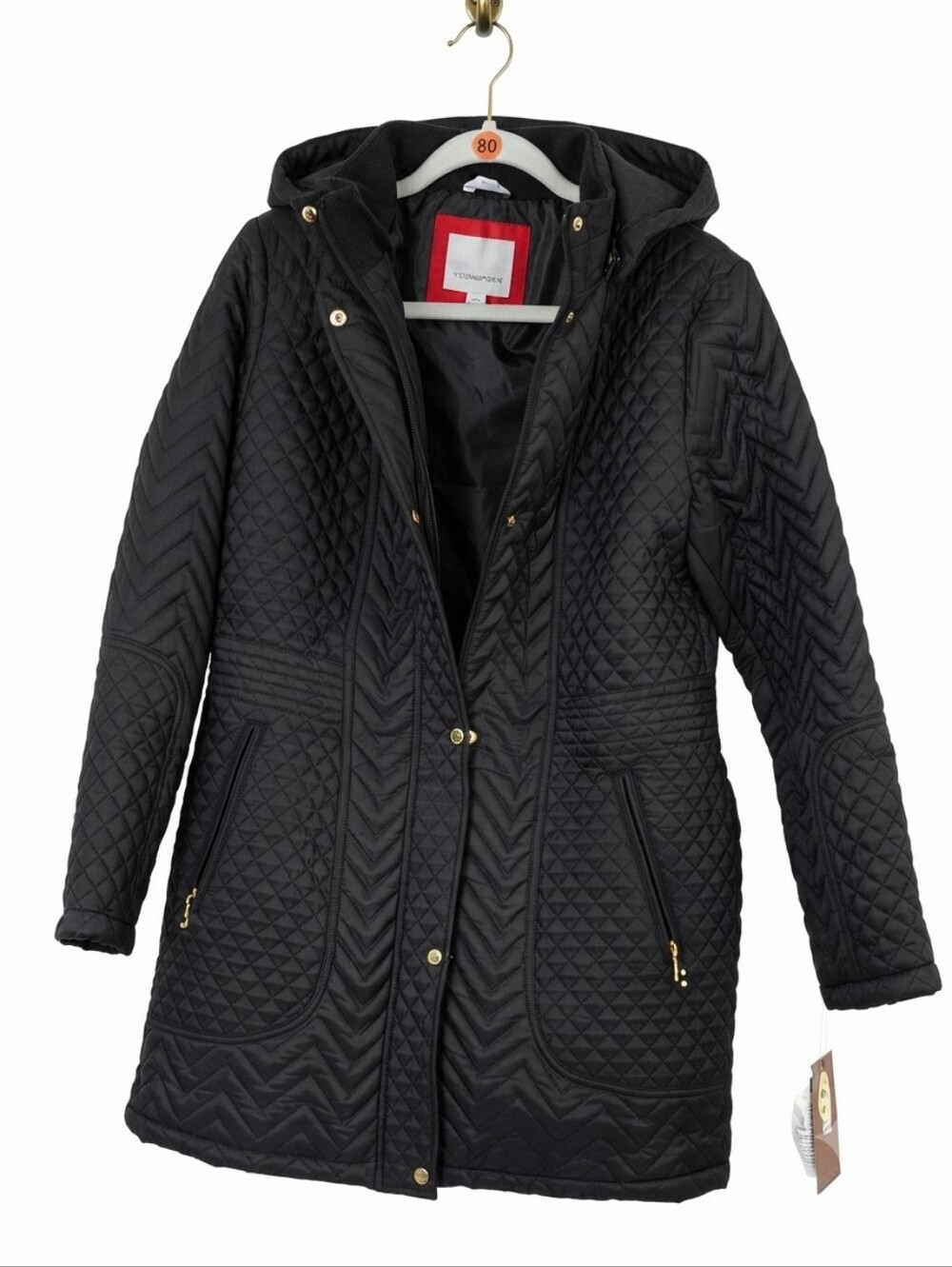 80-NWT-Weatherproof Black Quilted Hooded Puffer Coat with Gold Accents (XL)